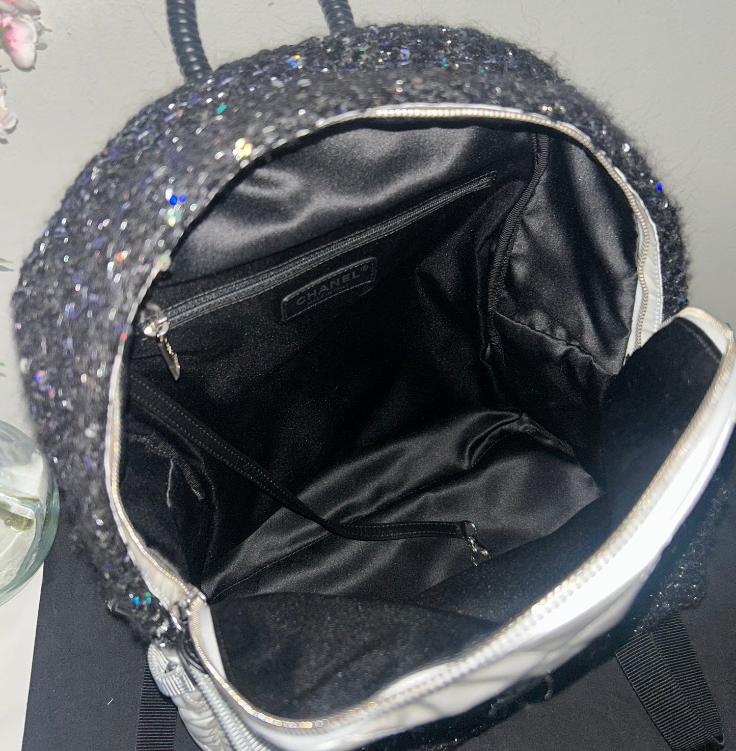 CHANEL Tweed Nylon Quilted Astronaut Essentials Medium Backpack in White/Black
