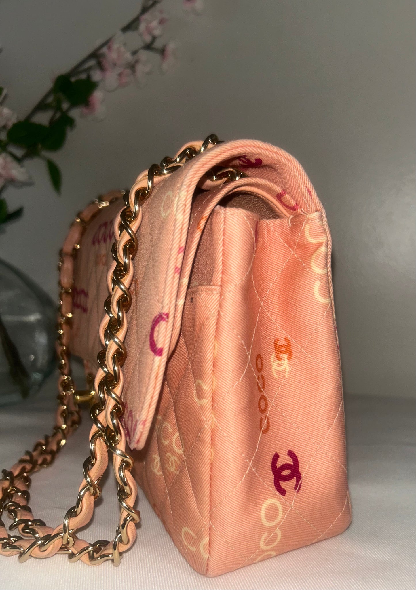 CHANEL Coco Logo Medium Classic Double Flap Bag Quilted Canvas Pink 24k GHW