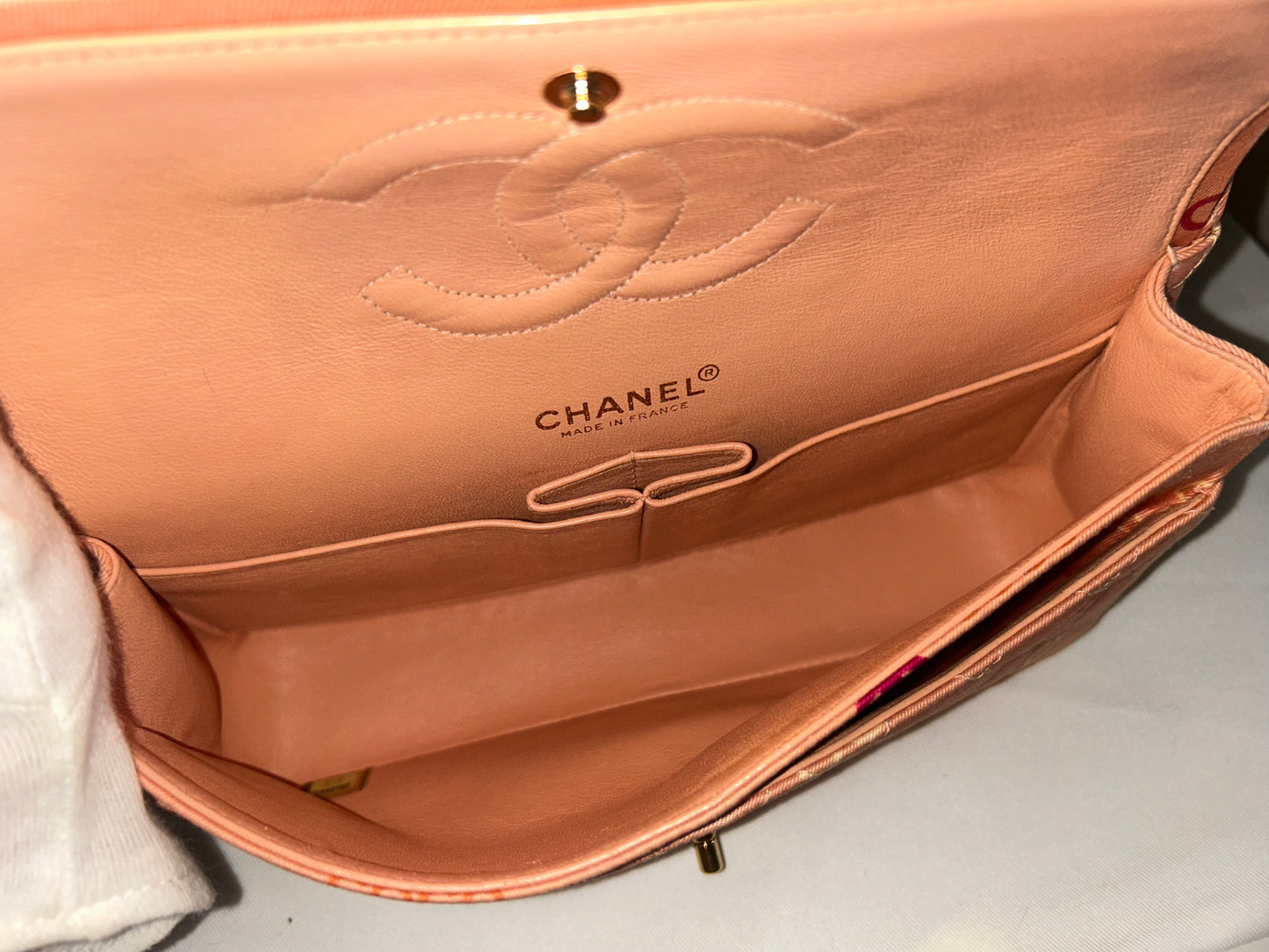 CHANEL Coco Logo Medium Classic Double Flap Bag Quilted Canvas Pink 24k GHW