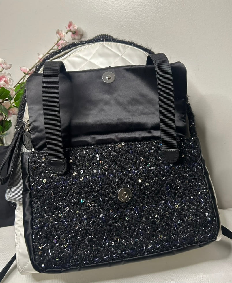 CHANEL Tweed Nylon Quilted Astronaut Essentials Medium Backpack in White/Black