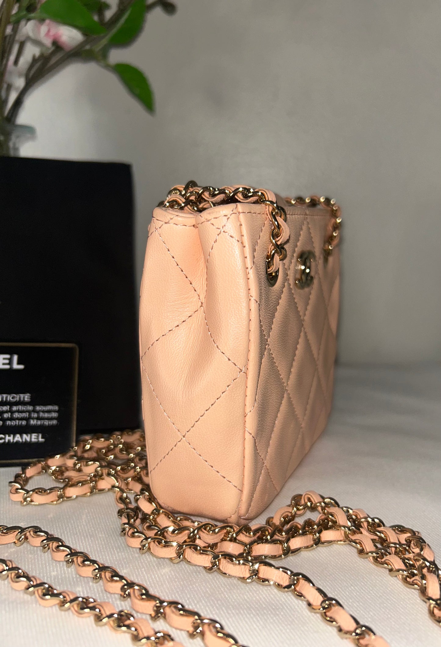 CHANEL Tiny Shopper Clutch With Chain Crossbody Quilted Lambskin Pale Pink