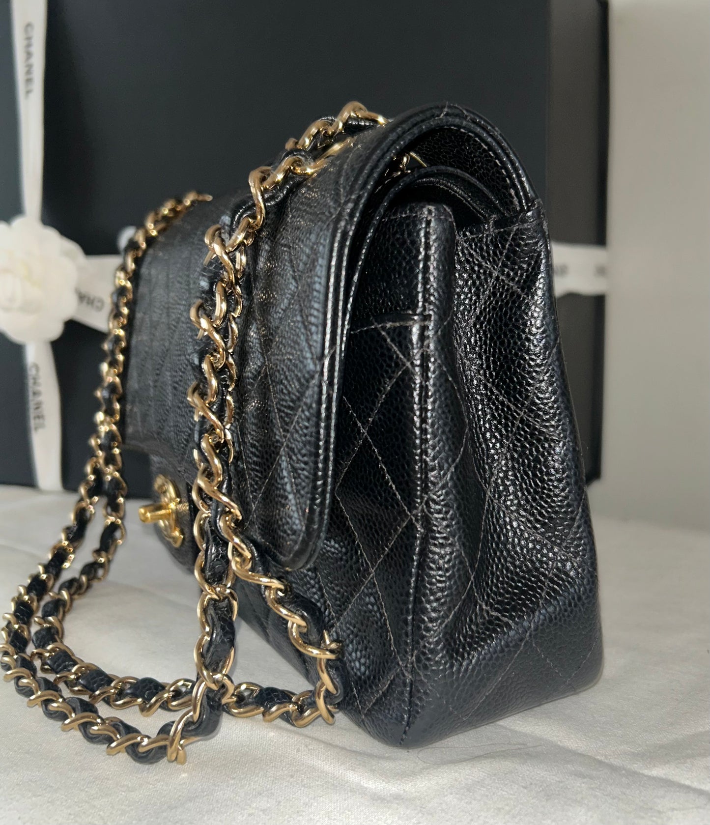 CHANEL Classic Medium Double Flap Quilted Caviar Leather Handbag Black/24K Gold