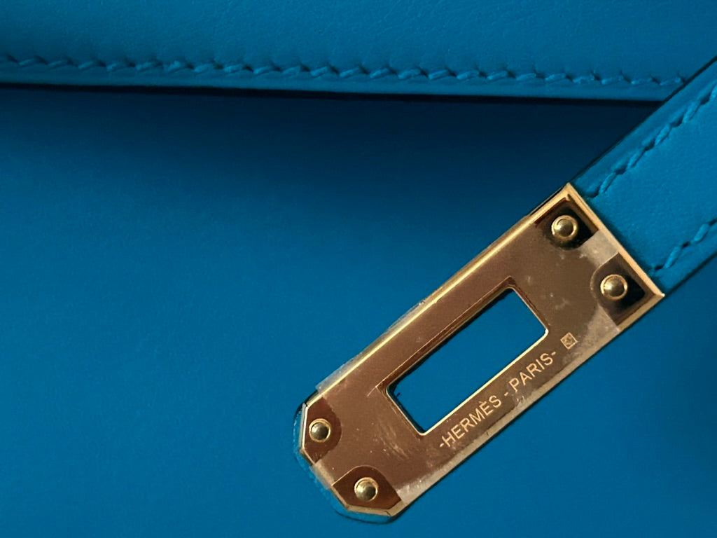 HERMES Kelly Pochette Bleu Frida Swift Leather Gold Hardware