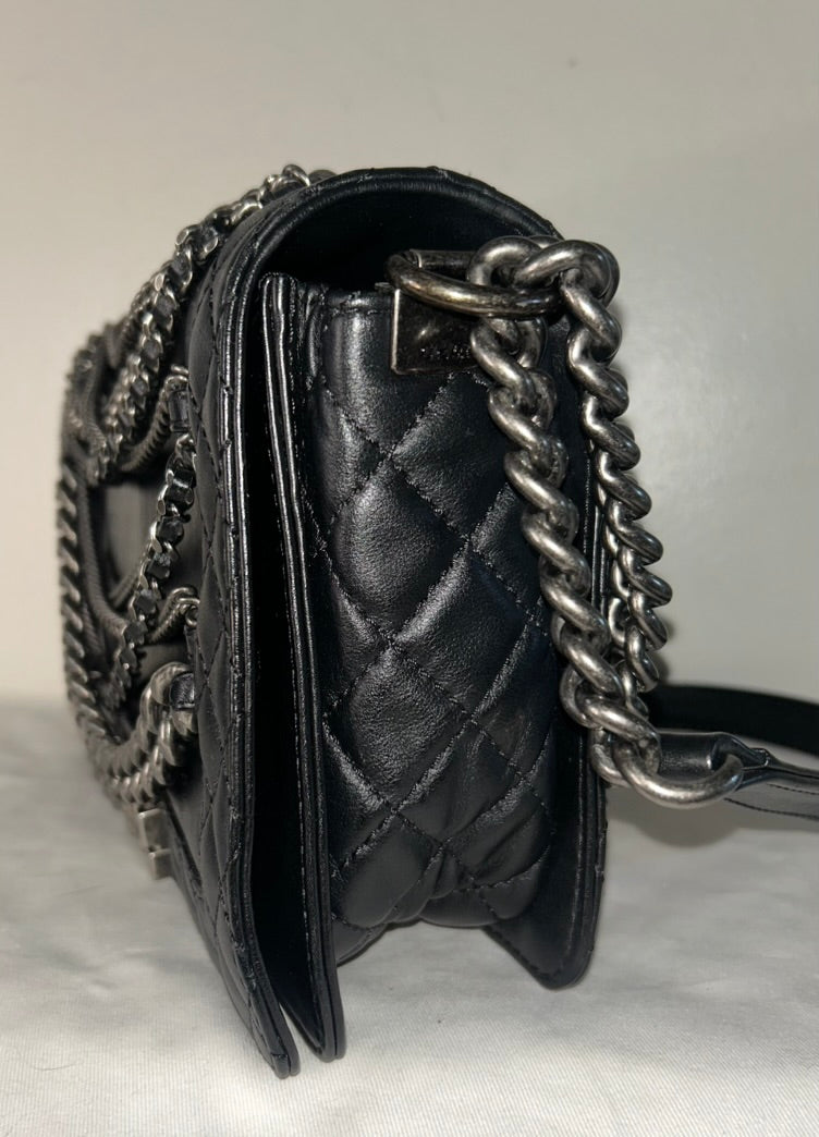 CHANEL Calfskin Enchained Chains New Medium Boy Flap Bag Black