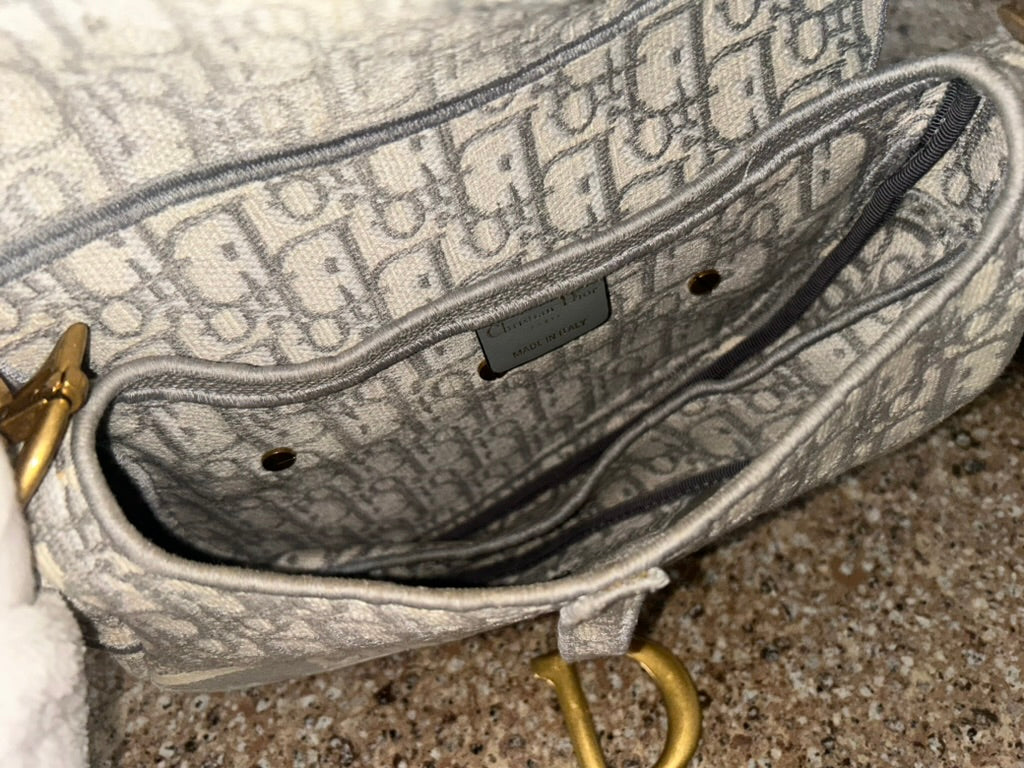 CHRISTIAN DIOR Medium Dior Oblique Embroidered Saddle Bag Gray