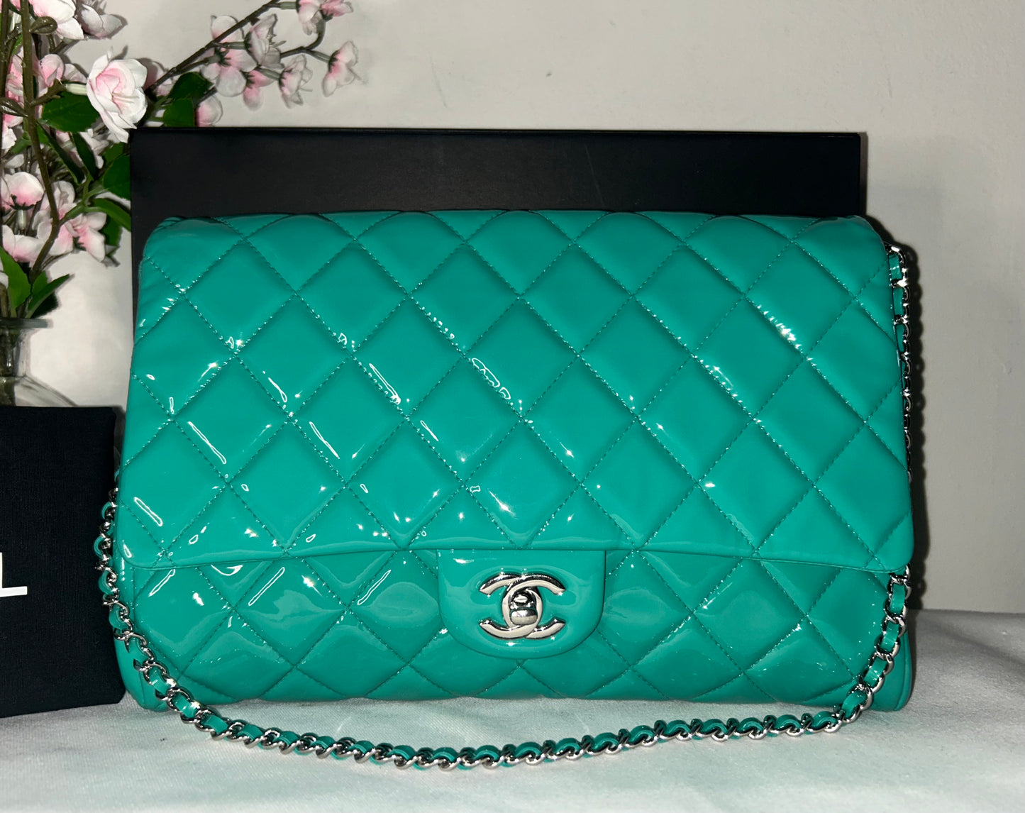 CHANEL CC Classic Quilted Patent Leather Single Flap Shoulder Bag Turquoise