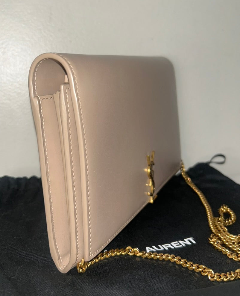 SAINT LAURENT YSL Monogram Glossy Calfskin Crossbody WOC in Dark Beige