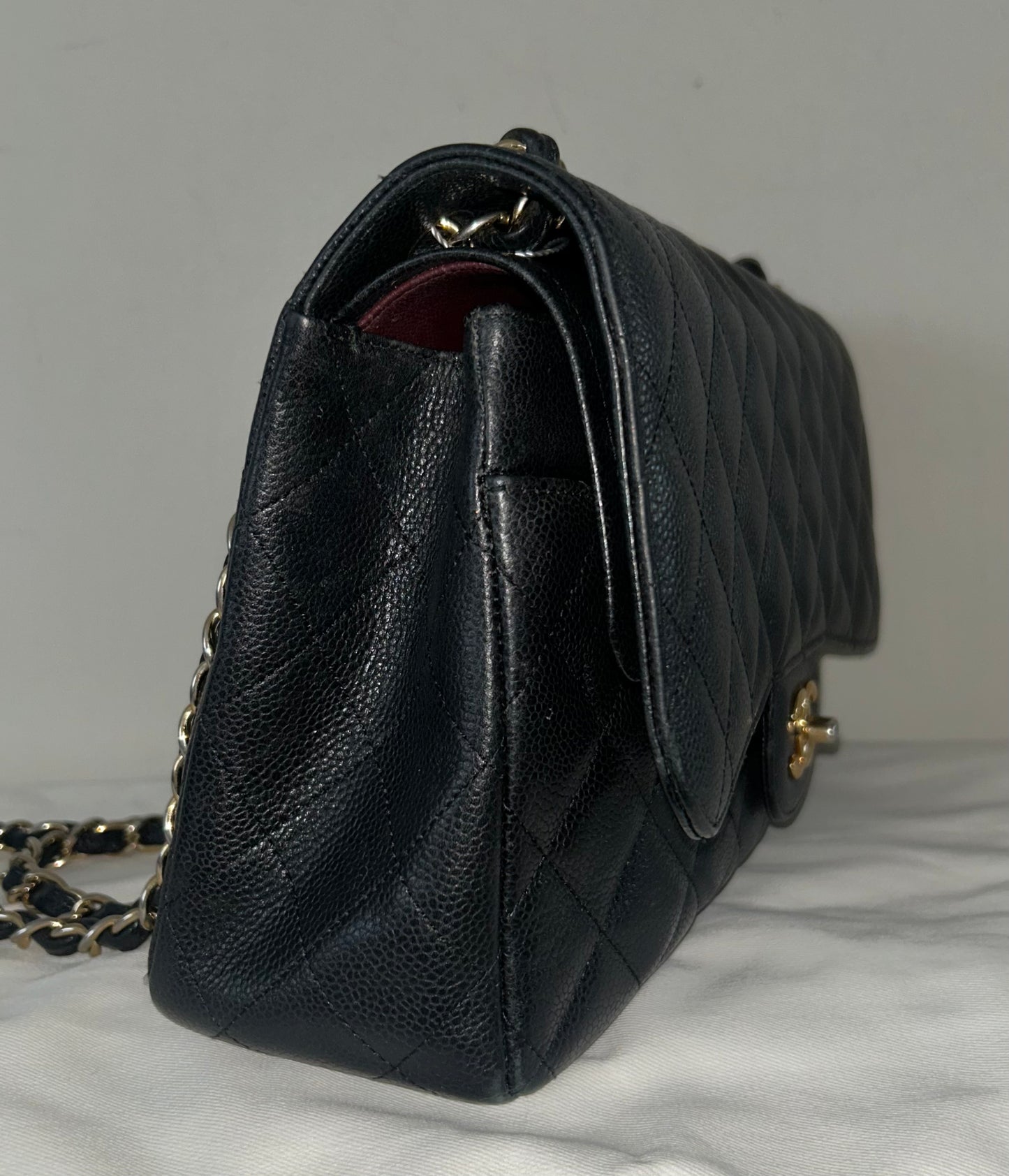 CHANEL Classic Jumbo Double Flap Quilted Caviar Leather Handbag Black/Gold