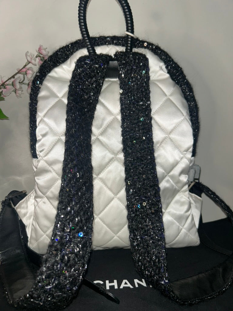 CHANEL Tweed Nylon Quilted Astronaut Essentials Medium Backpack in White/Black