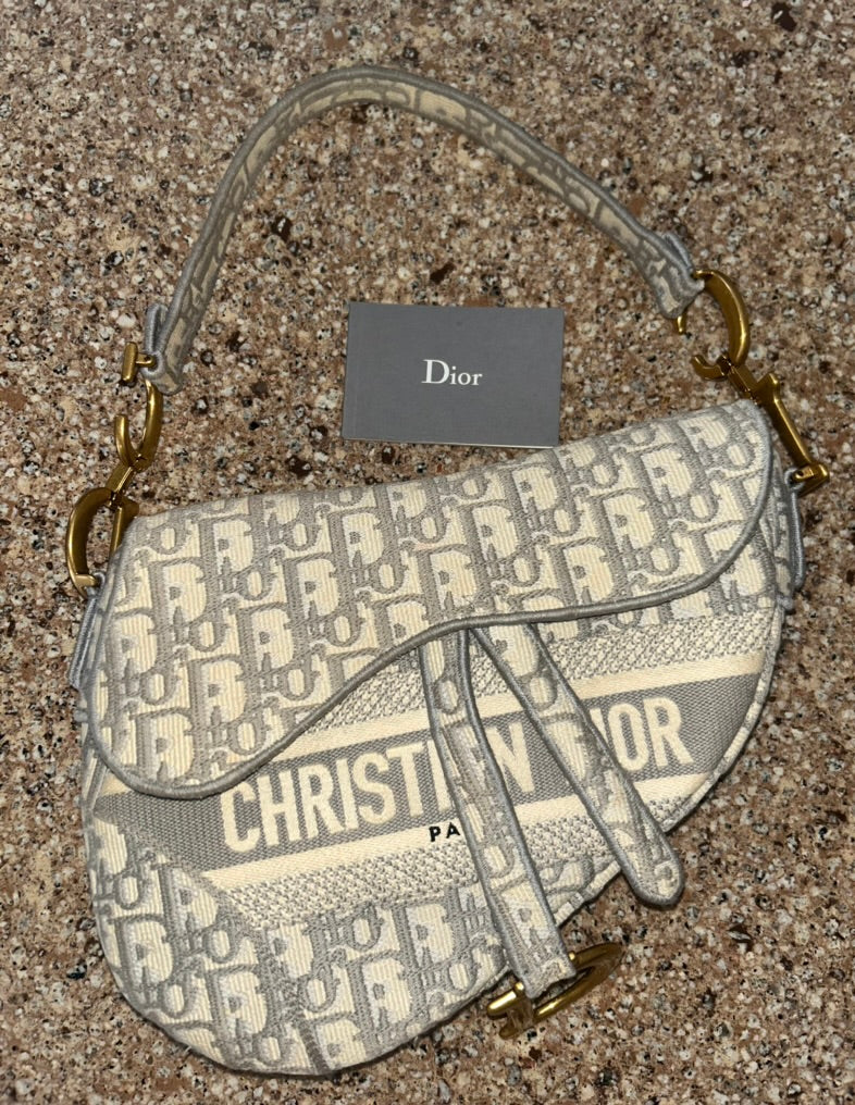 CHRISTIAN DIOR Medium Dior Oblique Embroidered Saddle Bag Gray