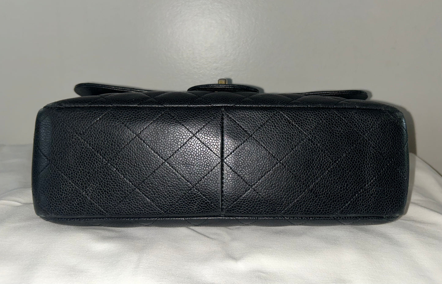 CHANEL Classic Jumbo Double Flap Quilted Caviar Leather Handbag Black/Gold
