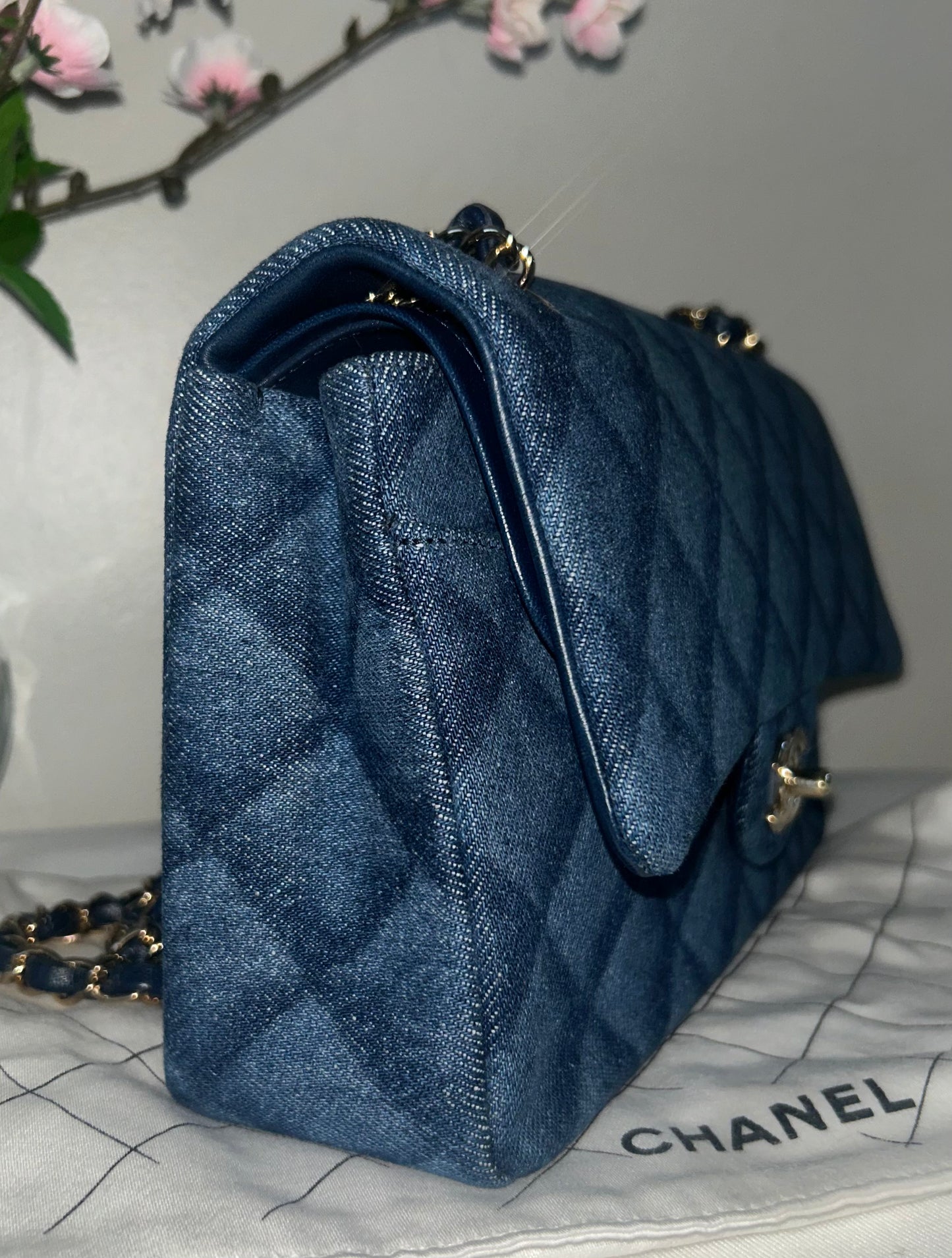 CHANEL 22K Printed Denim Quilted Medium Double Flap Bag Dark Blue/ Gold Hardware