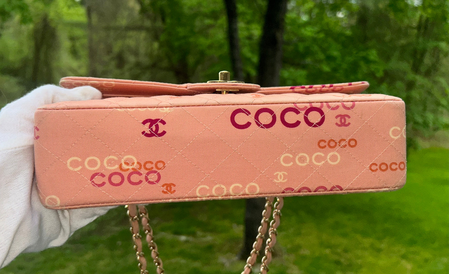 CHANEL Coco Logo Medium Classic Double Flap Bag Quilted Canvas Pink 24k GHW