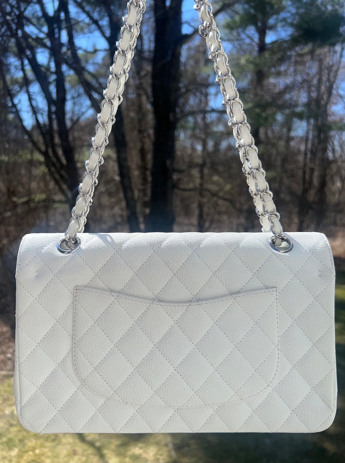 CHANEL Classic Medium Double Flap Caviar Quilted Handbag White