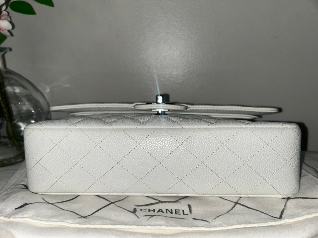 CHANEL Classic Medium Double Flap Caviar Quilted Handbag White