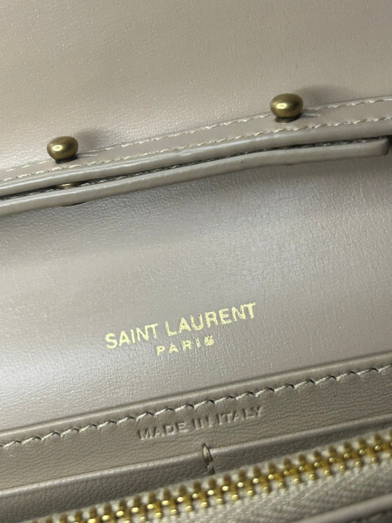 SAINT LAURENT YSL Monogram Glossy Calfskin Crossbody WOC in Dark Beige