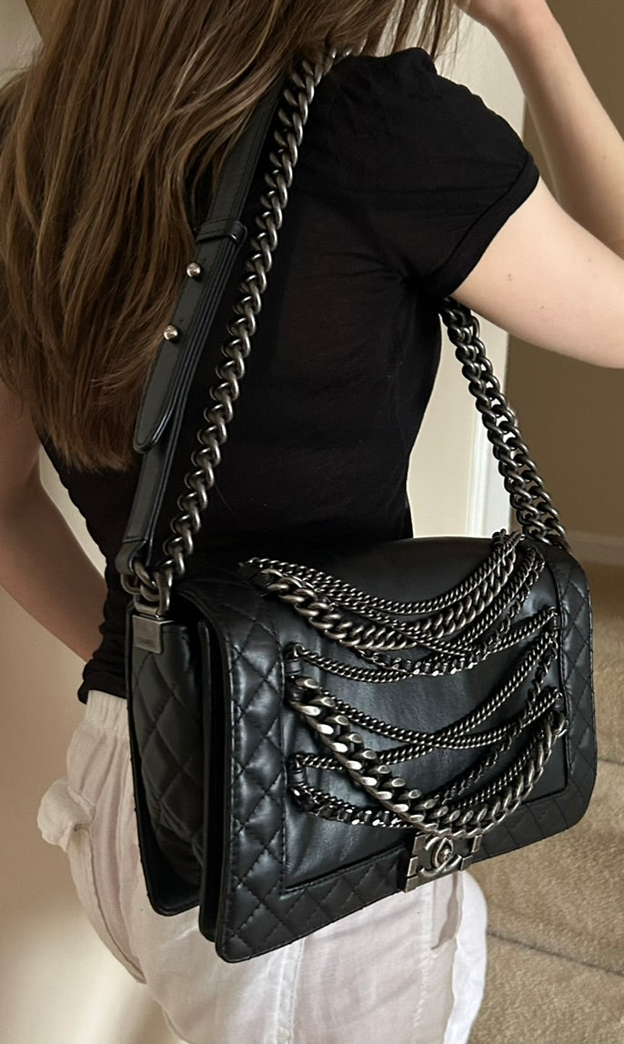 CHANEL Calfskin Enchained Chains New Medium Boy Flap Bag Black