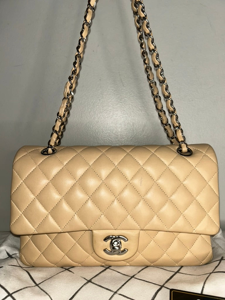 CHANEL Medium Classic Double Flap Quilted Lambskin Leather Handbag Beige Clair