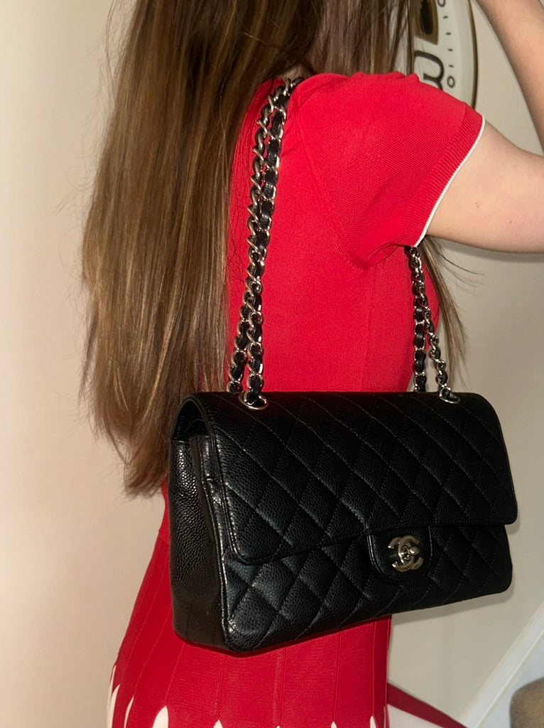 CHANEL Medium Classic Double Flap Caviar Quilted Handbag Black