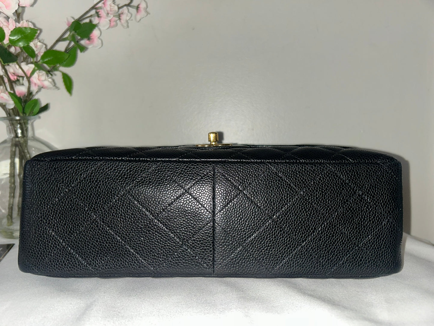 CHANEL Classic Jumbo Double Flap Quilted Caviar Leather Handbag Black/Gold