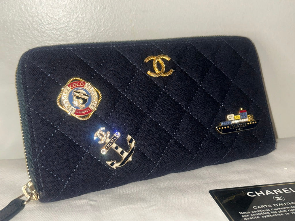 CHANEL 18A Nautical Charming Long Zip Wallet & Card Holder Set in Navy *RARE*
