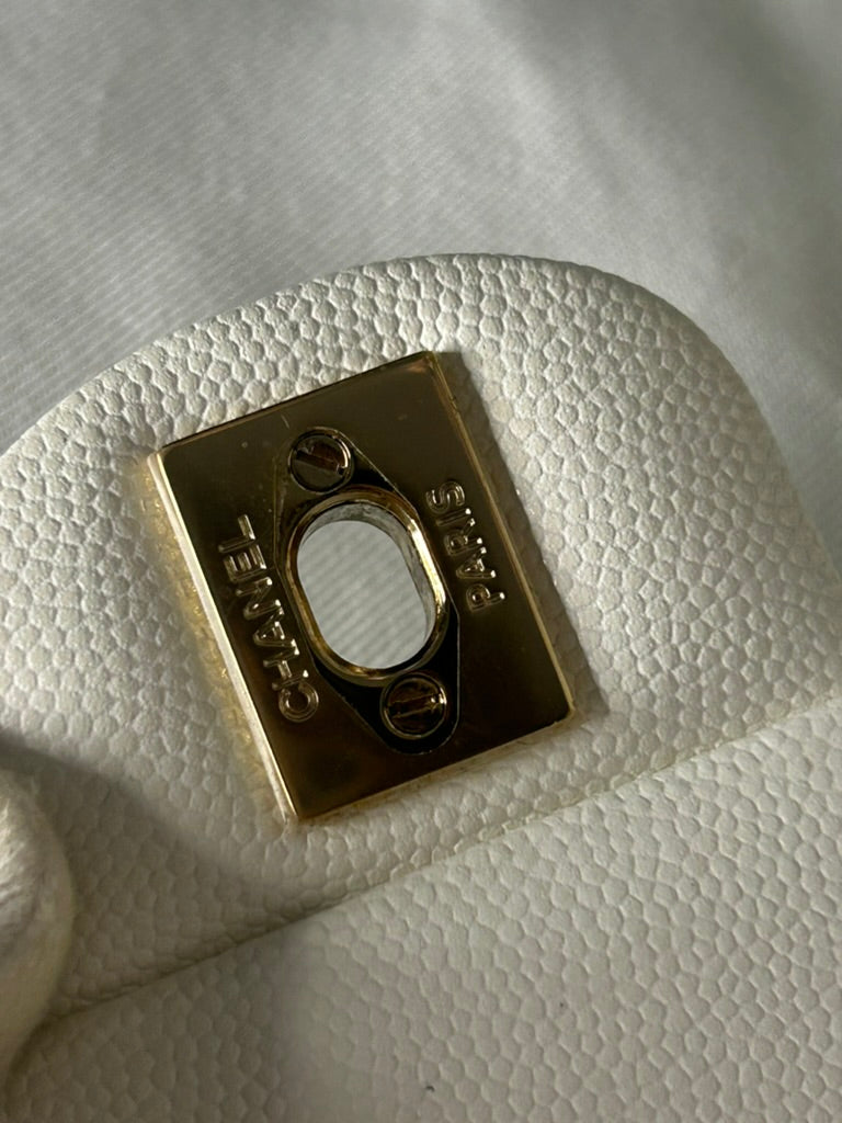 CHANEL Medium Classic Double Flap Caviar Quilted Handbag White / Light Gold HW