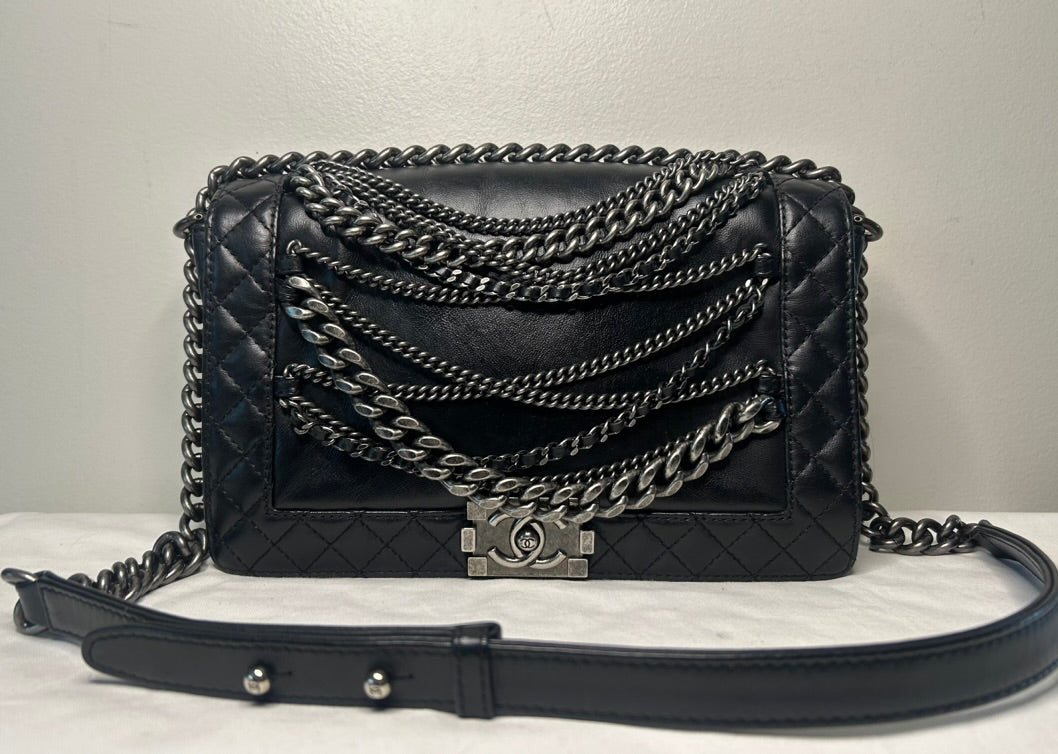 CHANEL Calfskin Enchained Chains New Medium Boy Flap Bag Black