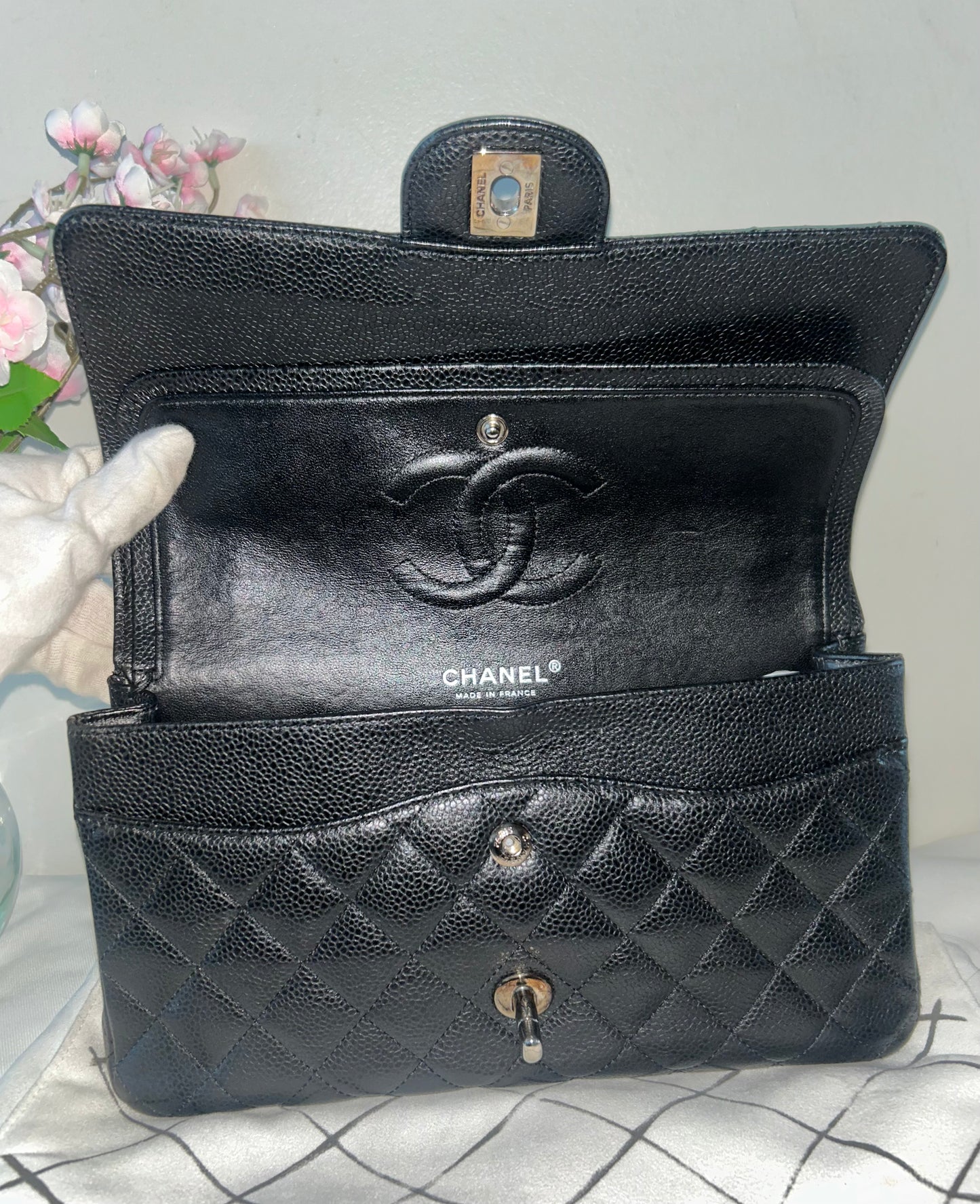 CHANEL Medium Classic Double Flap Caviar Quilted Handbag Black