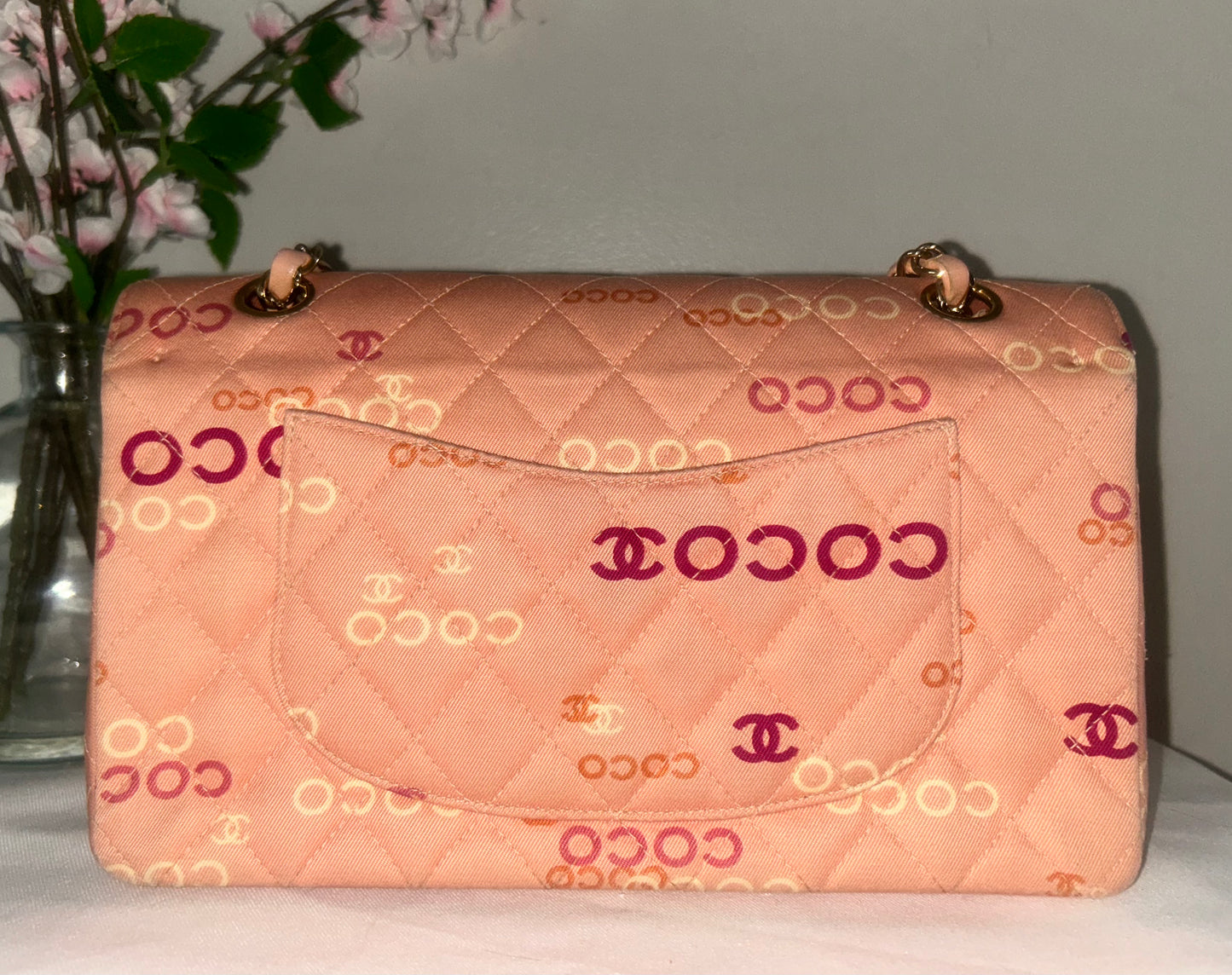 CHANEL Coco Logo Medium Classic Double Flap Bag Quilted Canvas Pink 24k GHW