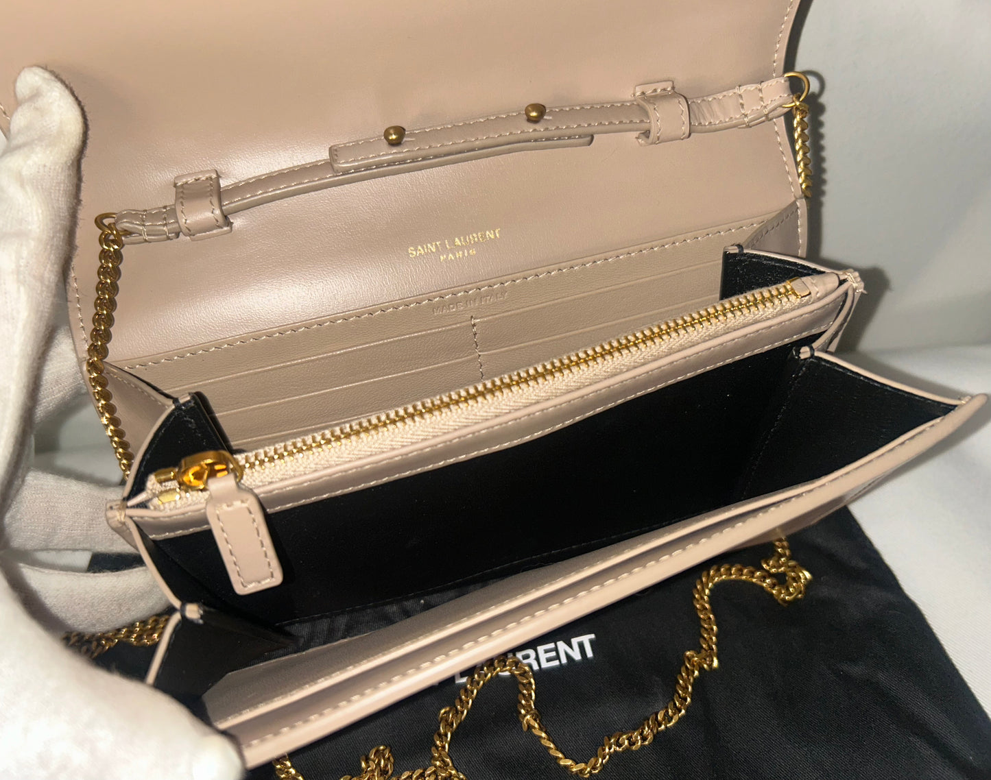 SAINT LAURENT YSL Monogram Glossy Calfskin Crossbody WOC in Dark Beige