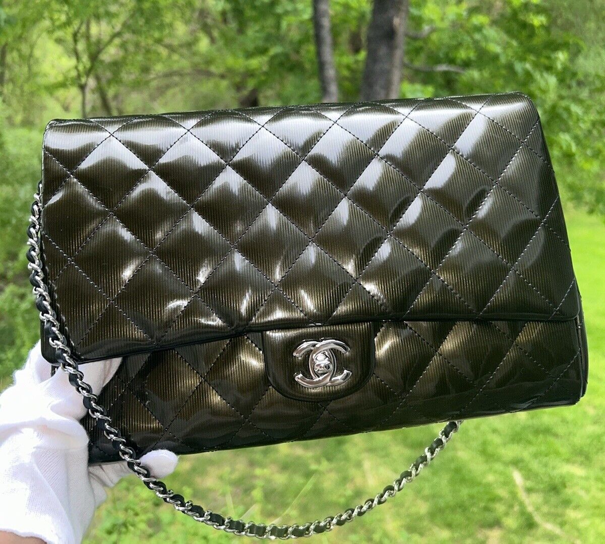 CHANEL CC Quilted Flap Shoulder Bag Metallic Patent Leather Dark Green
