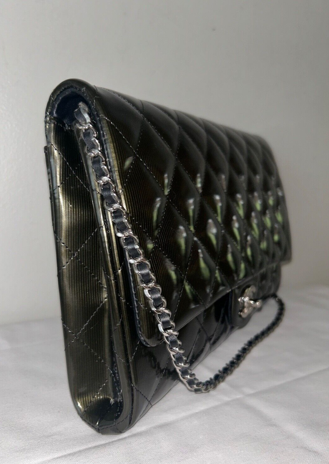 CHANEL CC Quilted Flap Shoulder Bag Metallic Patent Leather Dark Green