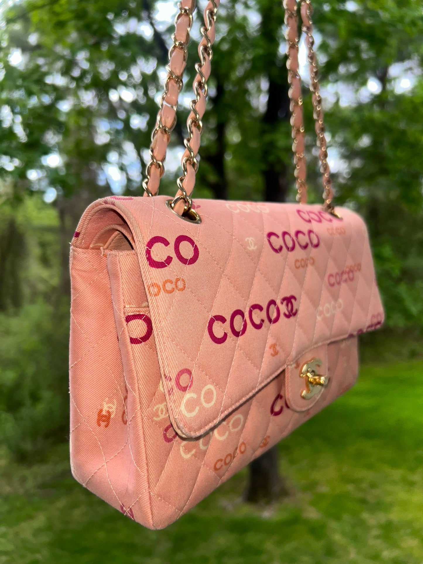 CHANEL Coco Logo Medium Classic Double Flap Bag Quilted Canvas Pink 24k GHW