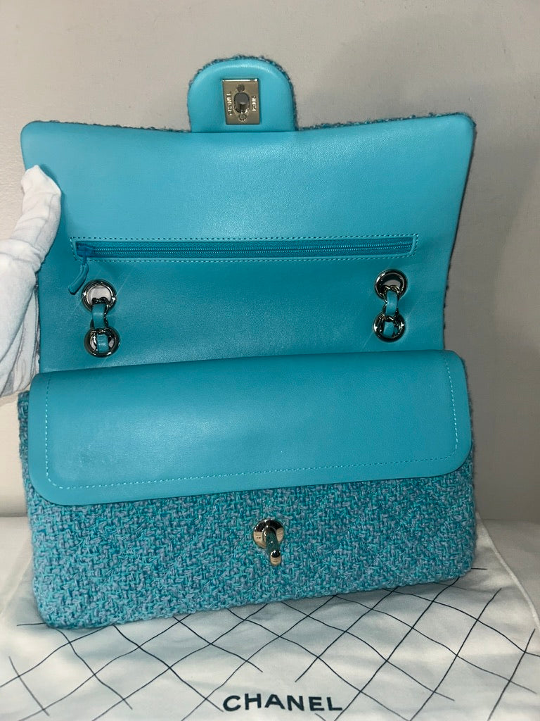 CHANEL 22K Tweed Quilted Medium Double Flap Bag Turquoise/ Gold Hardware
