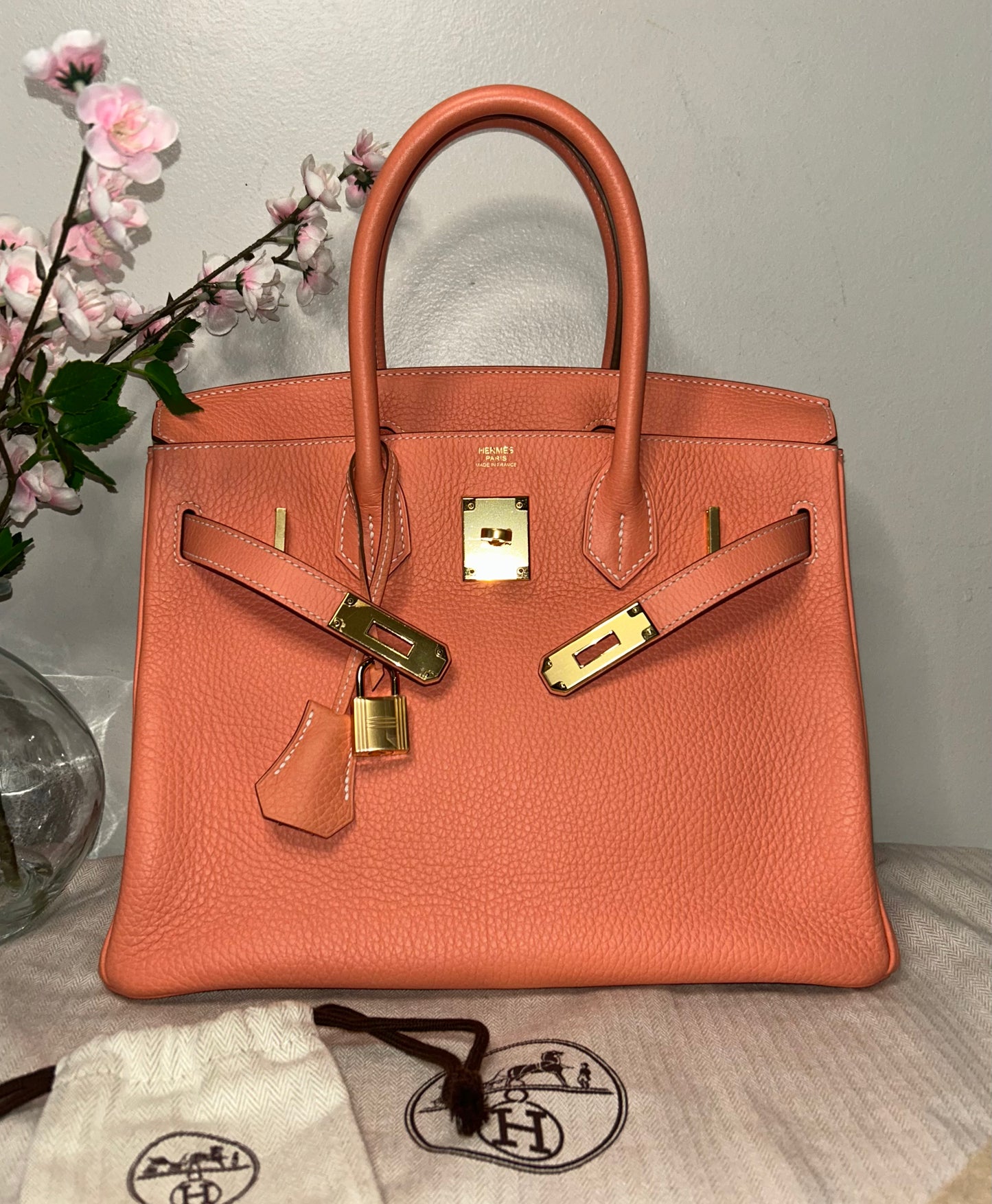 HERMÈS Birkin 30 Crevette Pink Clemence Leather Gold Hardware