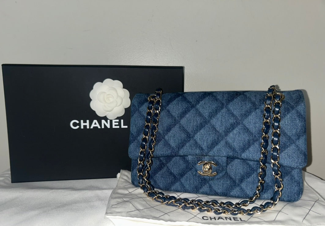 CHANEL 22K Printed Denim Quilted Medium Double Flap Bag Dark Blue/ Gold Hardware