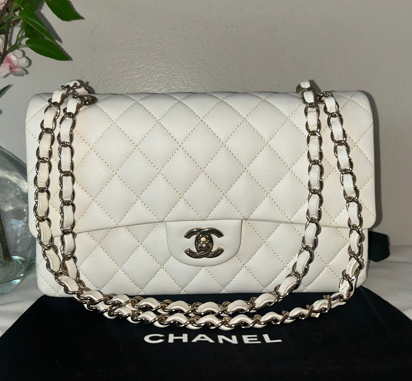 CHANEL Medium Classic Double Flap Caviar Quilted Handbag White / Light Gold HW