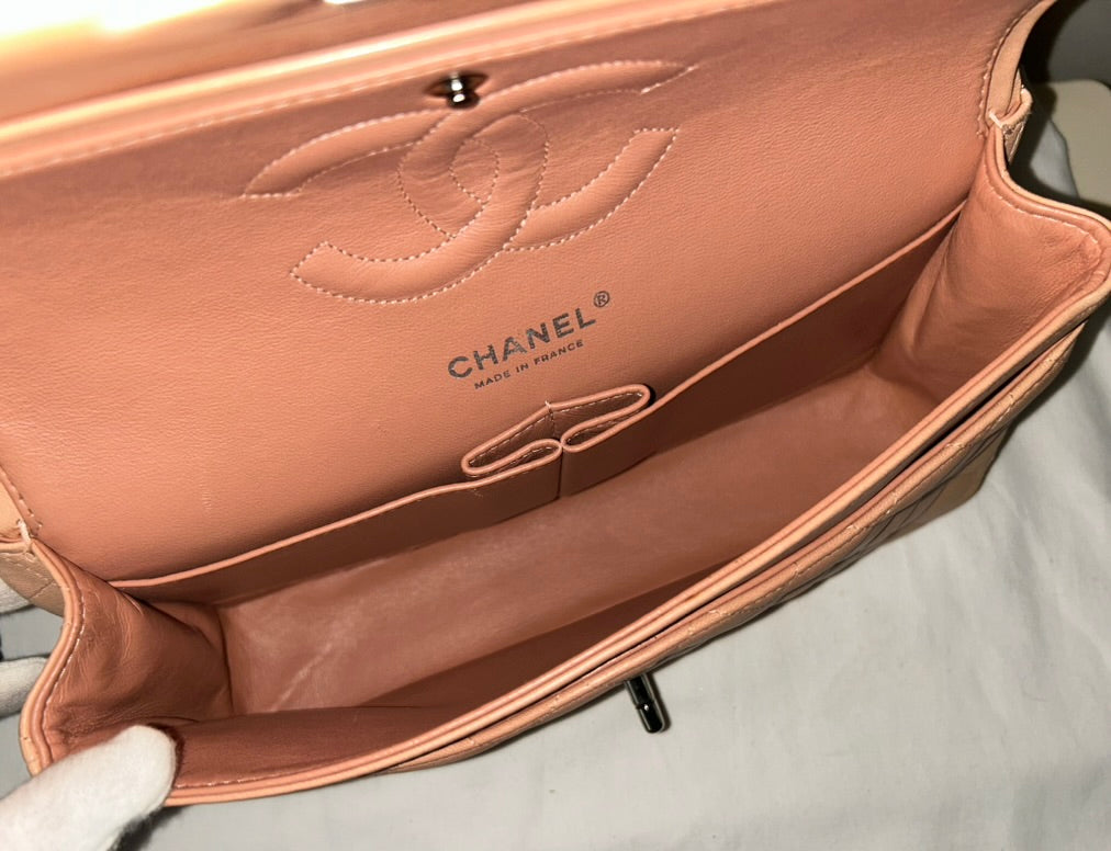 CHANEL Classic Medium Double Flap Lambskin Quilted Handbag Pink Peach