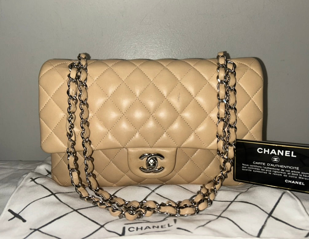 CHANEL Medium Classic Double Flap Quilted Lambskin Leather Handbag Beige Clair
