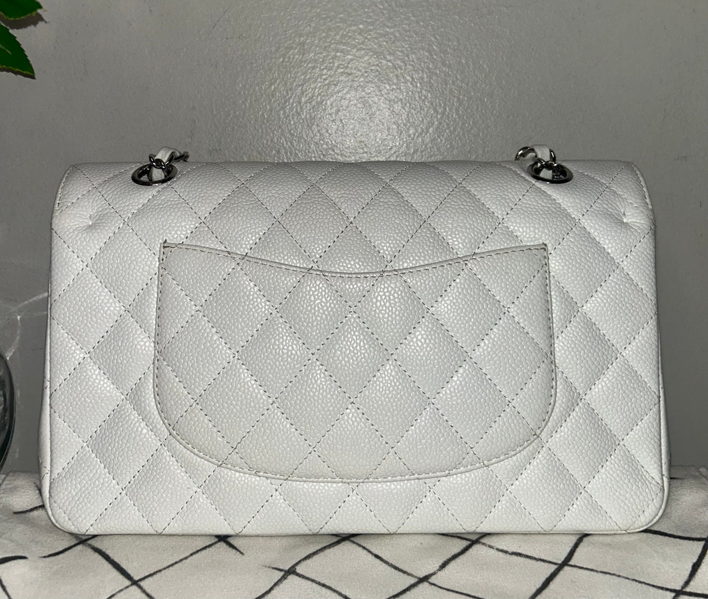 CHANEL Classic Medium Double Flap Caviar Quilted Handbag White