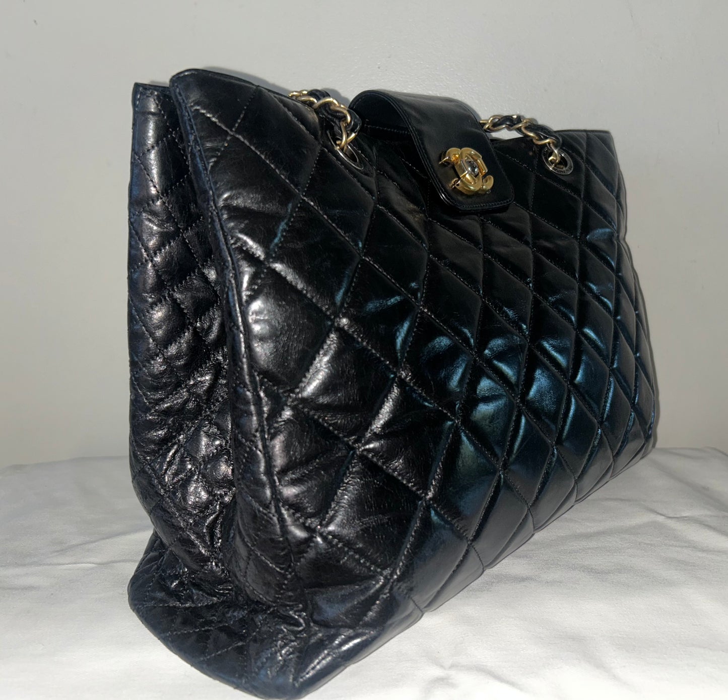 CHANEL Large Daily Walk Tote Bag Quilted Glazed Calfskin Black