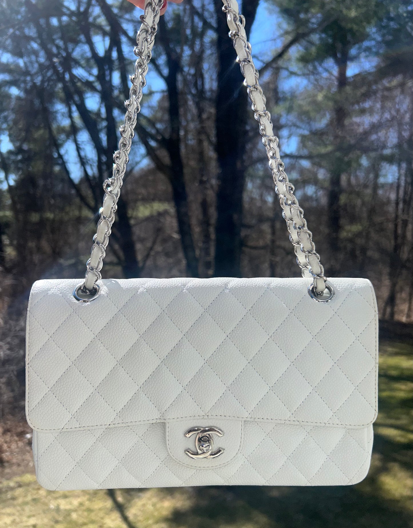 CHANEL Classic Medium Double Flap Caviar Quilted Handbag White
