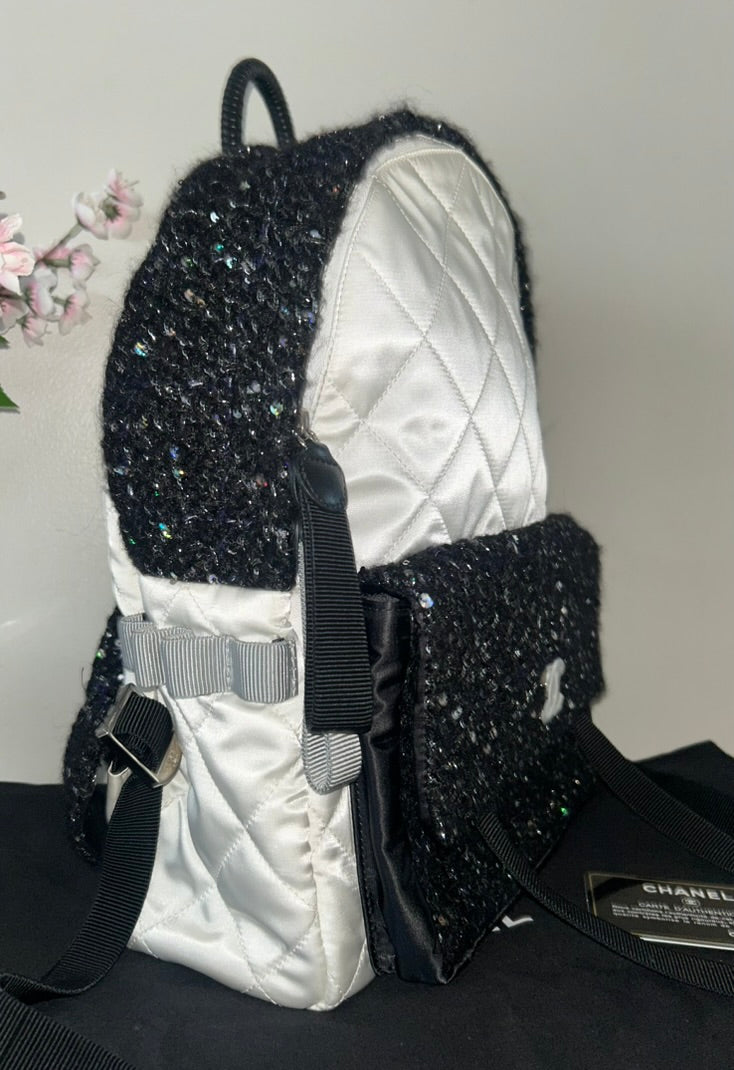 CHANEL Tweed Nylon Quilted Astronaut Essentials Medium Backpack in White/Black