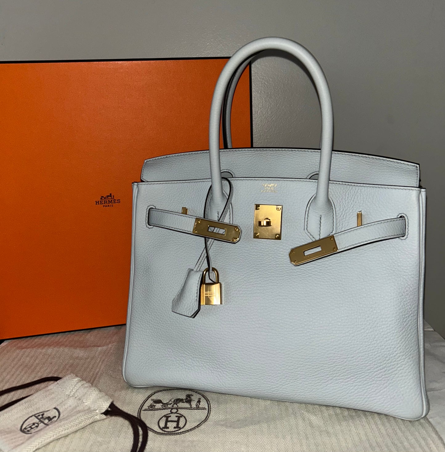 HERMES Birkin 30 Bleu Pale Clemence Gold Hardware