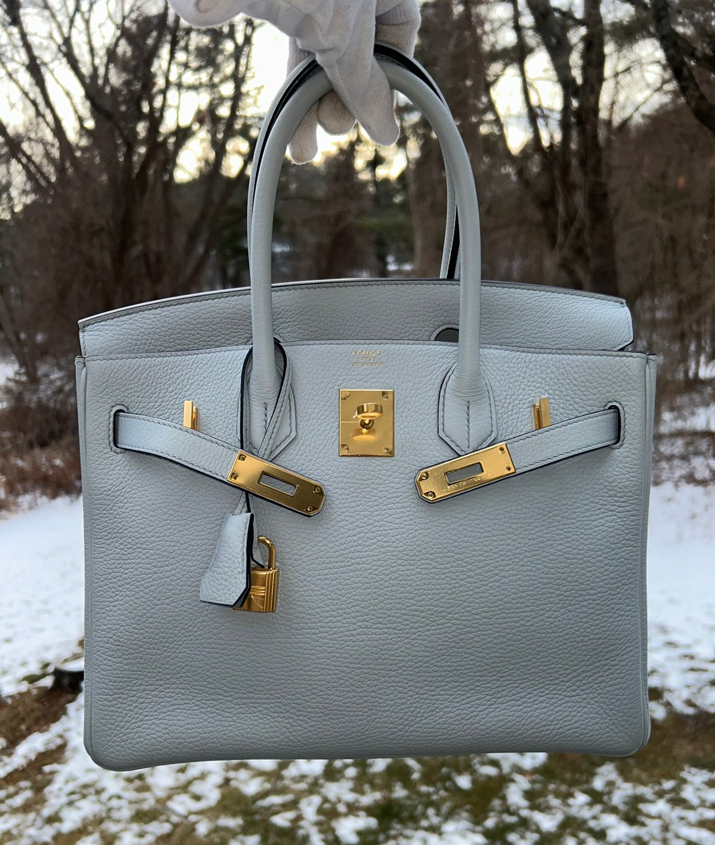 HERMES Birkin 30 Bleu Pale Clemence Gold Hardware