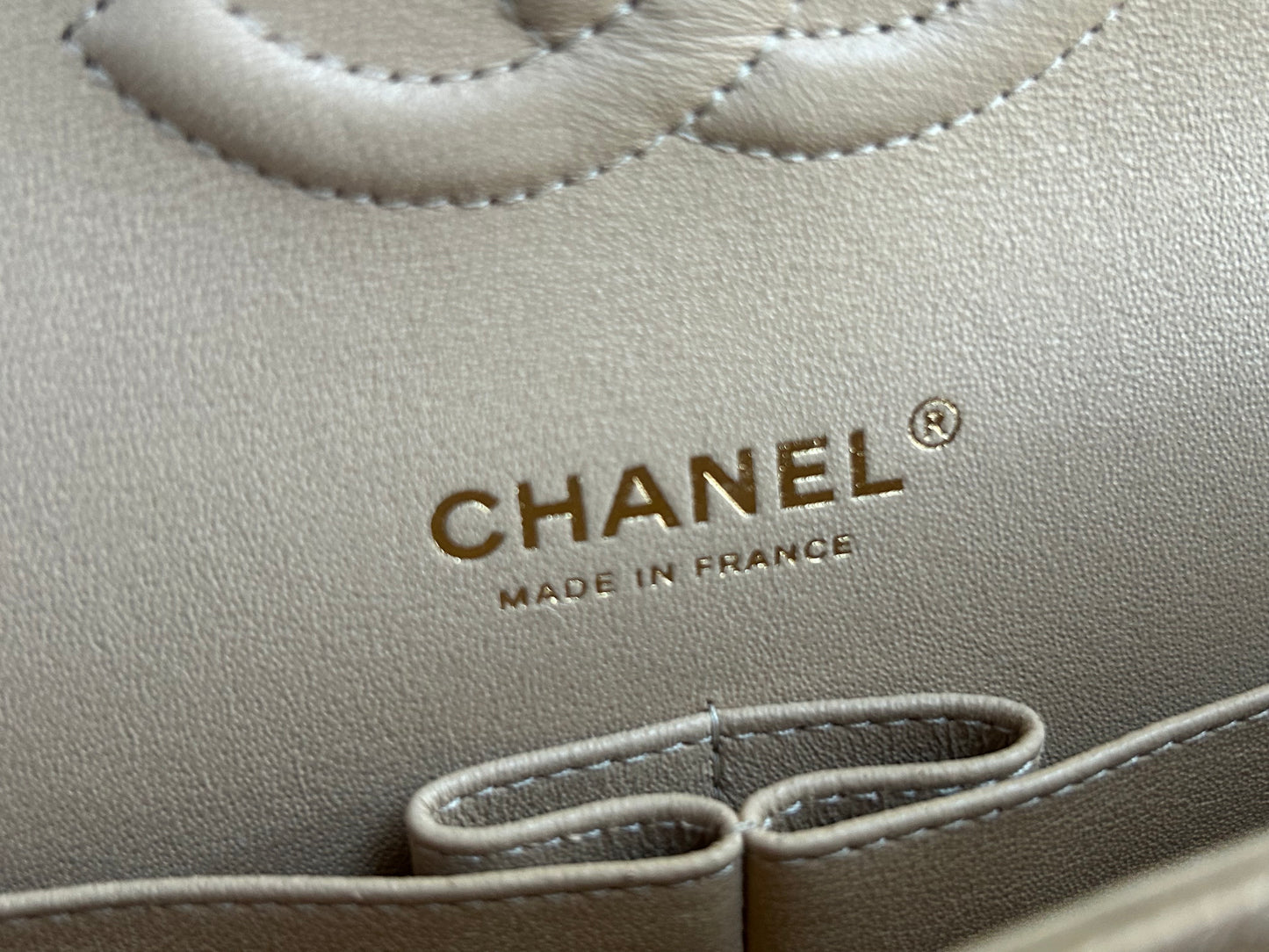 CHANEL 23S Classic Medium Double Flap Caviar Quilted Handbag Beige Clair/ Gold