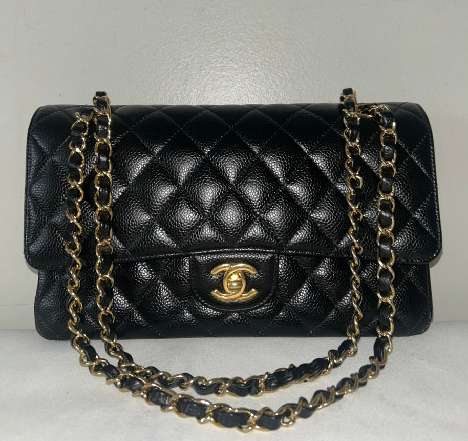 CHANEL Medium Classic Double Flap Caviar Quilted Handbag Black / Gold