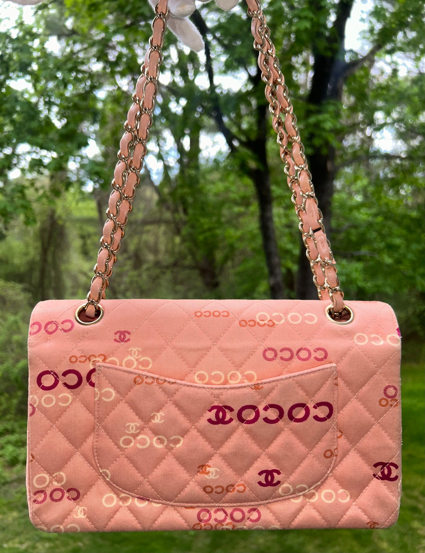 CHANEL Coco Logo Medium Classic Double Flap Bag Quilted Canvas Pink 24k GHW