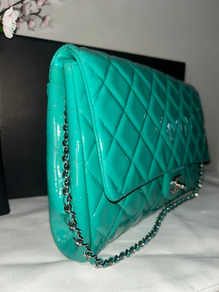 CHANEL CC Classic Quilted Patent Leather Single Flap Shoulder Bag Turquoise