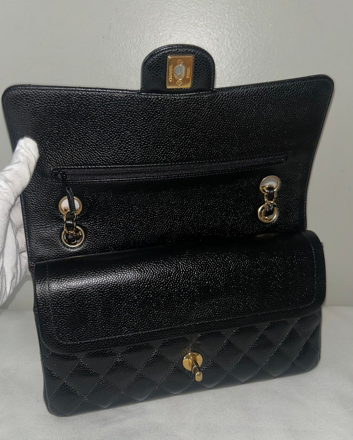 CHANEL Medium Classic Double Flap Caviar Quilted Handbag Black / Gold